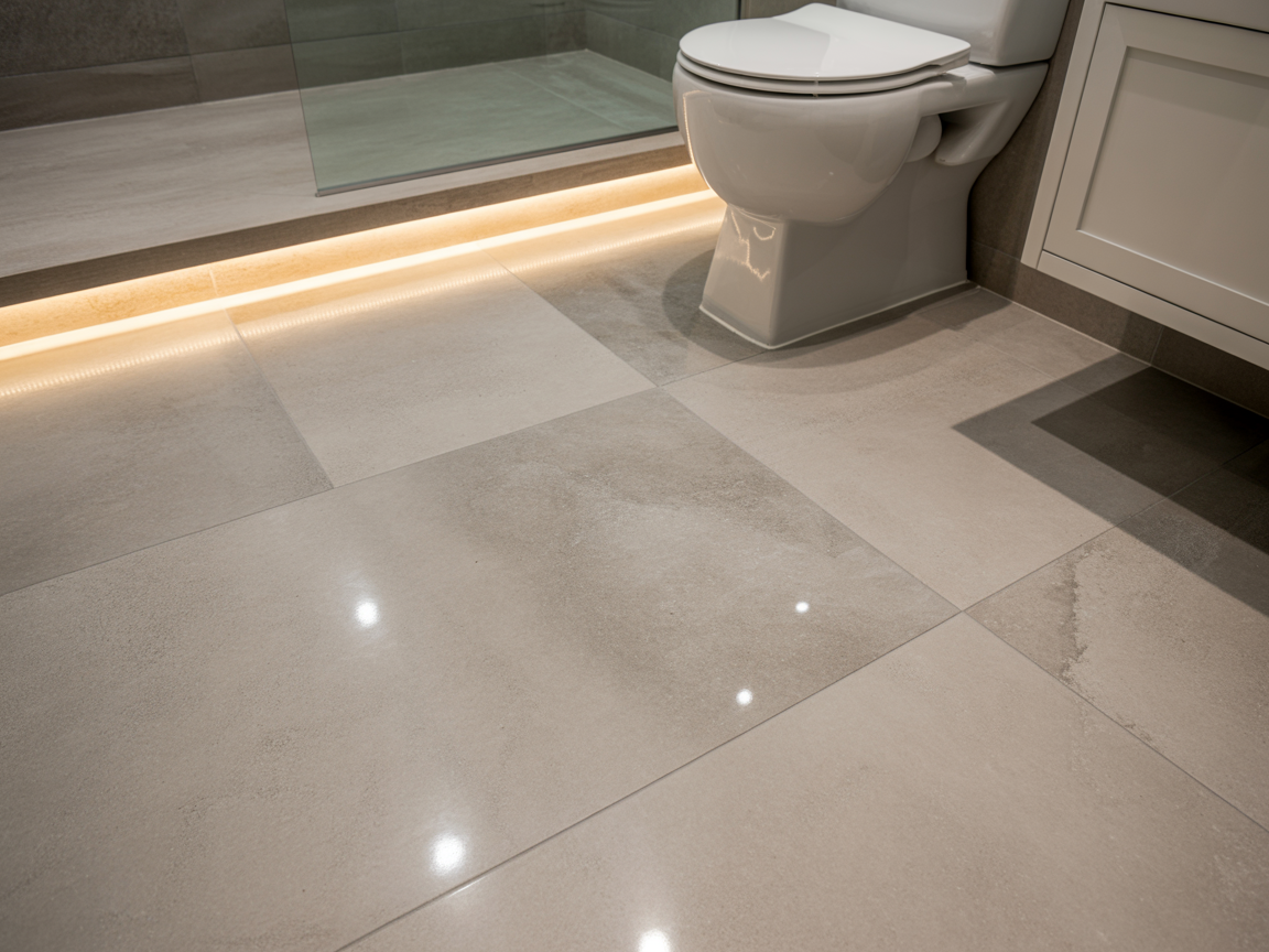 Bathroom flooring showing waterproof tile installation
