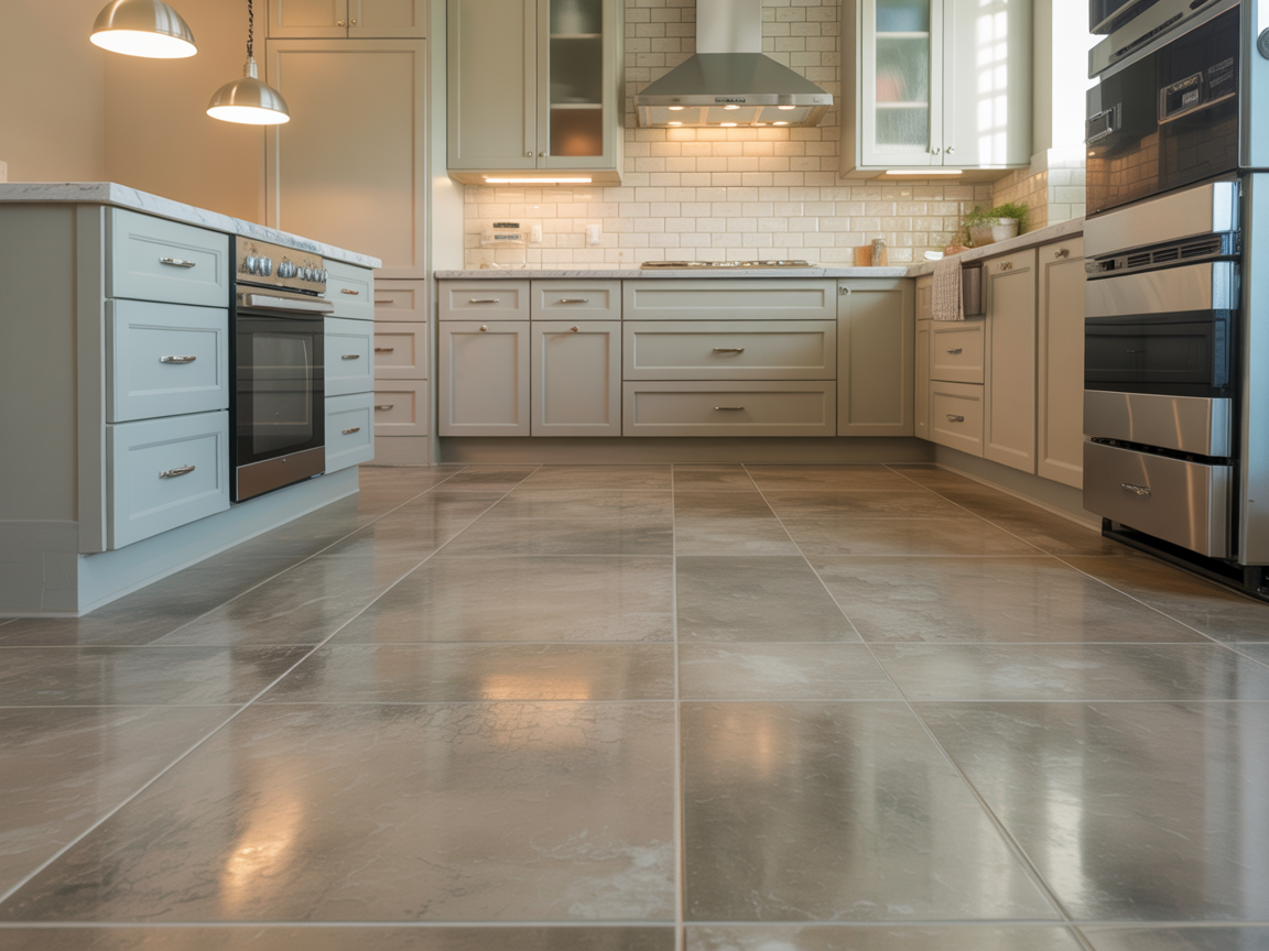 Kitchen tile installation showing backsplash and flooring
